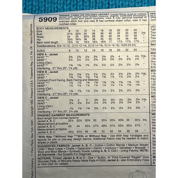 McCalls 5909 boxy blazer boyfriend 1980s pattern size 10 12 14 - Picture 4 of 5